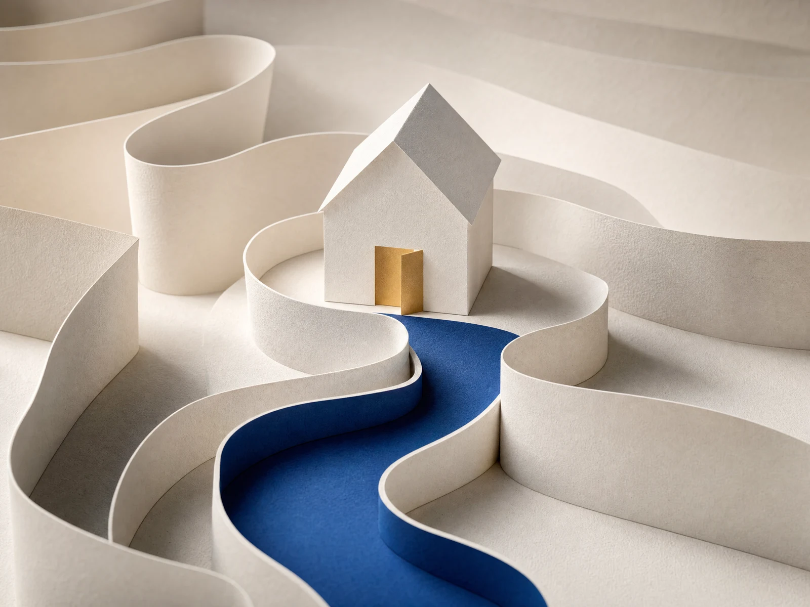 Sculptural paper house with several paths, an illustrative decision-making concept